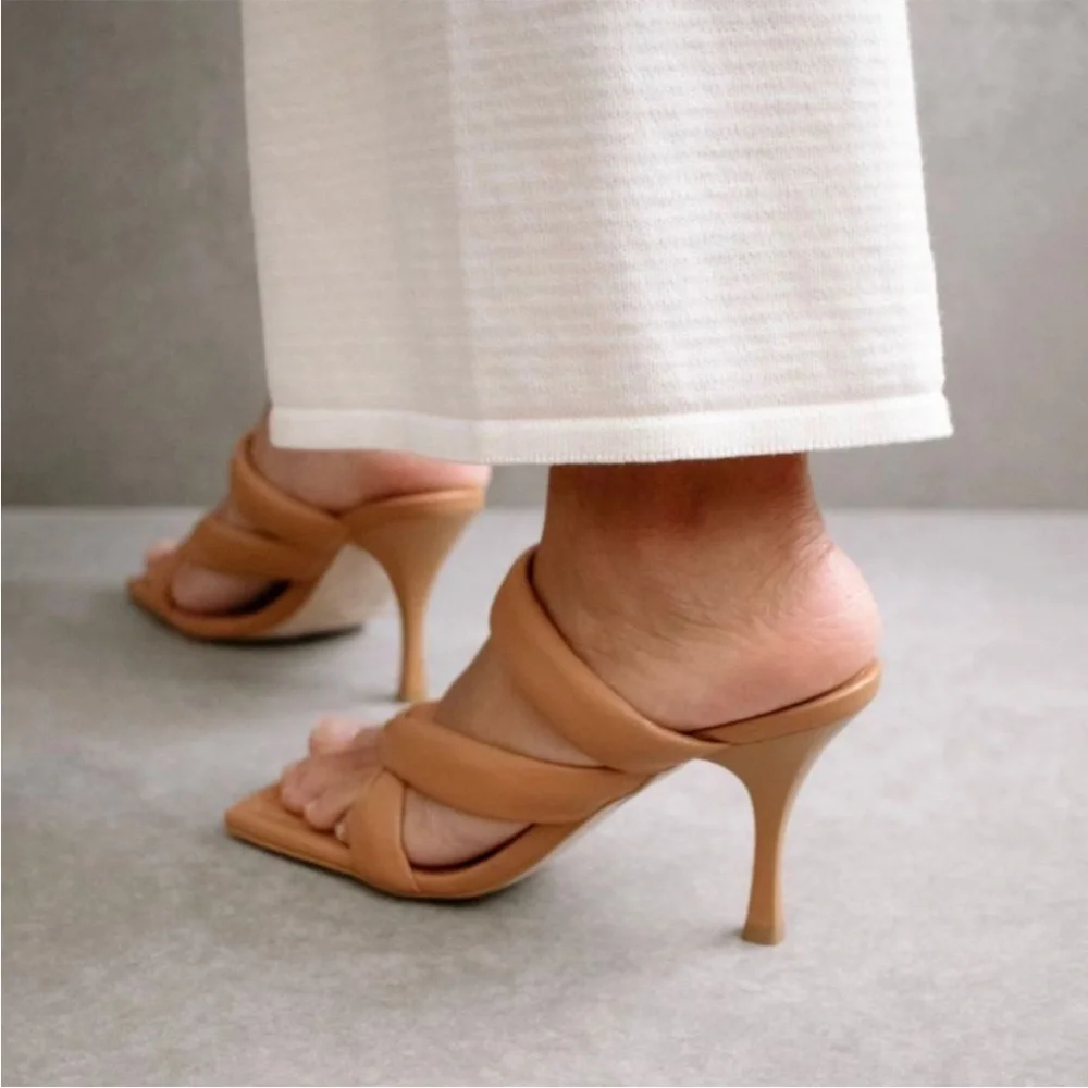 ALOHAS Amaretto mules twist strap leather heels sandals in camel brown size 10